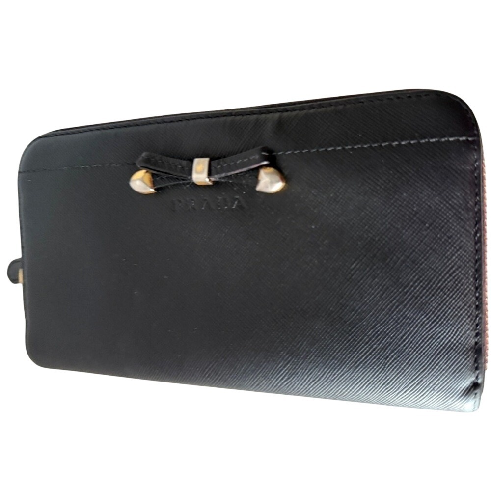 PRADA Saffiano Wallet Leather Zip Around Continental Black Tassles New w/ Box - Picture 5 of 9